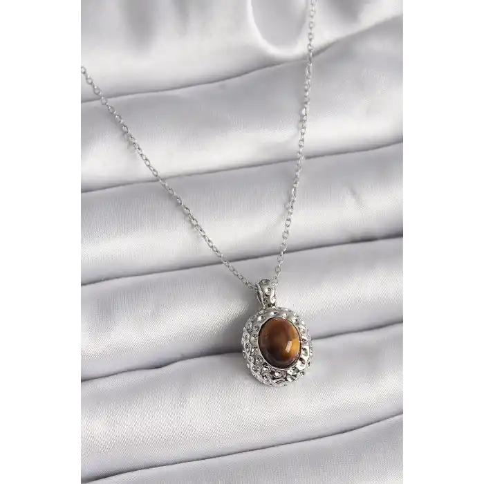 316L Çelik Gümüş Renk Zincir Kehribar Boncuk Model Kadın Kolye