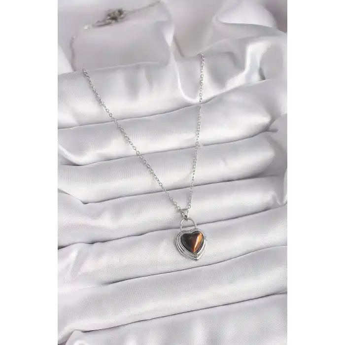 316L Çelik Gümüş Renk Zincir Kilit Kalp Kehribar Boncuk Model Kadın Kolye