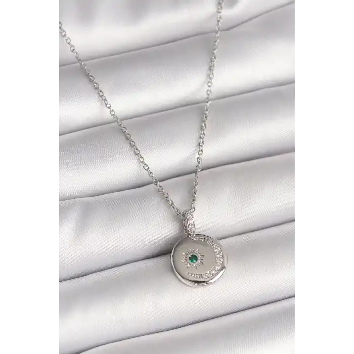 316L Çelik Gümüş Renk Zincir Madalyon Zirkon Taşlı İşlemeli Hilal Yıldız Model Kadın Kolye