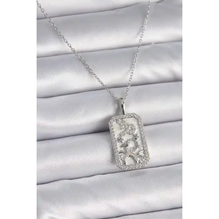 316L Çelik Gümüş Renk Zincir Oğlak Burcu Zirkon Taşlı Kadın Kolye