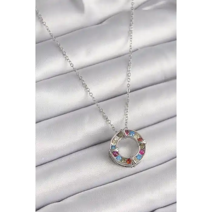 316L Çelik Gümüş Renk Zincir Renkli Zirkon Taşlı Xoxo Model Kadın Kolye