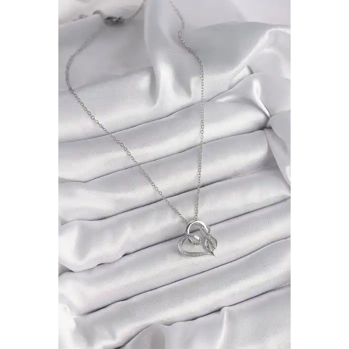 316L Çelik Gümüş Renk Zincir Zirkon Taş Detaylı Kalp Model Sonsuzluk Detay Kadın Kolye