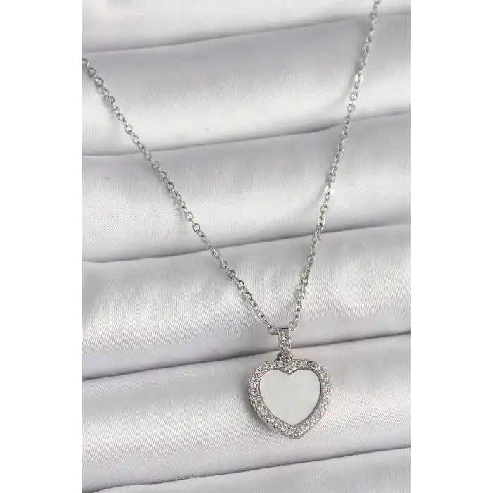 316L Çelik Gümüş Renk Zincir Zirkon Taşlı Beyaz Mineli Kalp Model Kadın Kolye