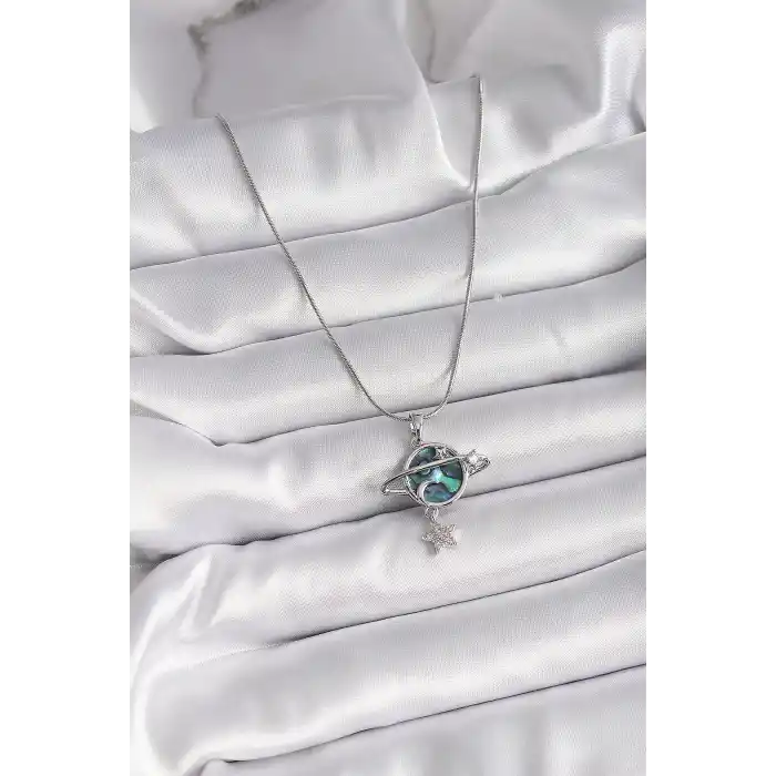 316L Çelik Gümüş Renk Zincir Zirkon Taşlı Gezegen Model Kadın Kolye