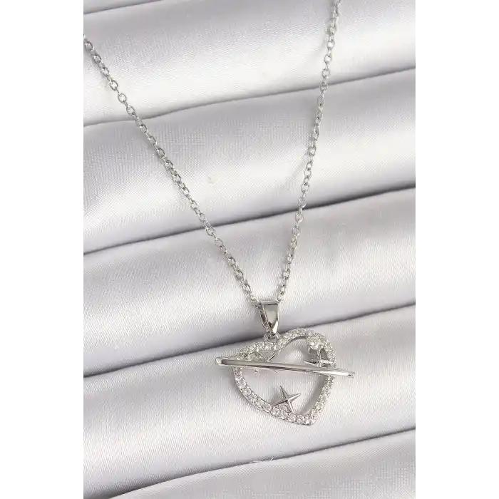 316L Çelik Gümüş Renk Zincir Zirkon Taşlı Kalp Model Yıldız Detay Kadın Kolye