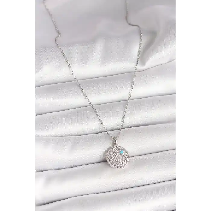 316L Çelik Gümüş Renk Zincir Zirkon Taşlı Mavi Taş Detaylı Madalyon Model Kadın Kolye