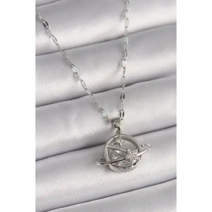 316L Çelik Gümüş Renk Zincir Zirkon Taşlı Yıldız Detay Gezegen Model Kadın Kolye