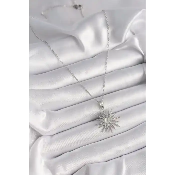 316L Çelik Gümüş Renk Zincir Zirkon Taşlı Yıldız Model Sedefli Ay İşleme Detay Kadın Kolye