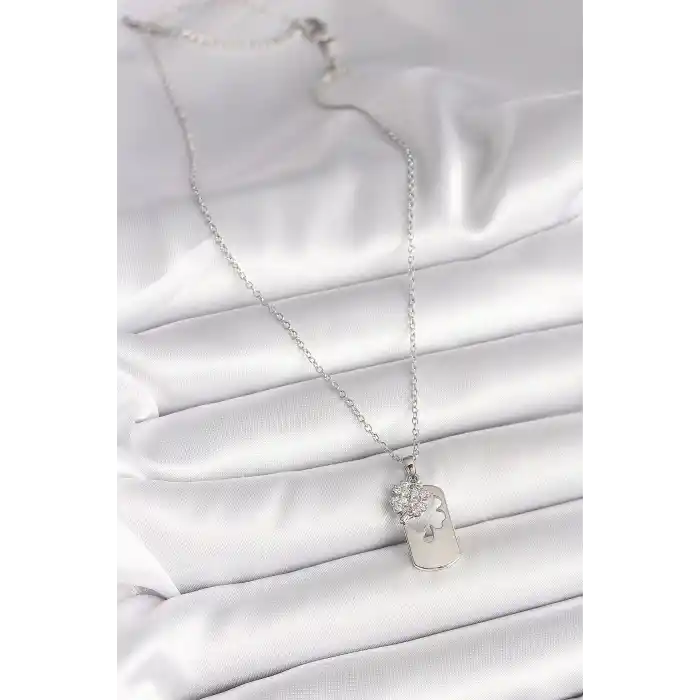 316L Çelik Gümüş Renk Zincir Zirkon Taşlı Yonca Model Kadın Kolye