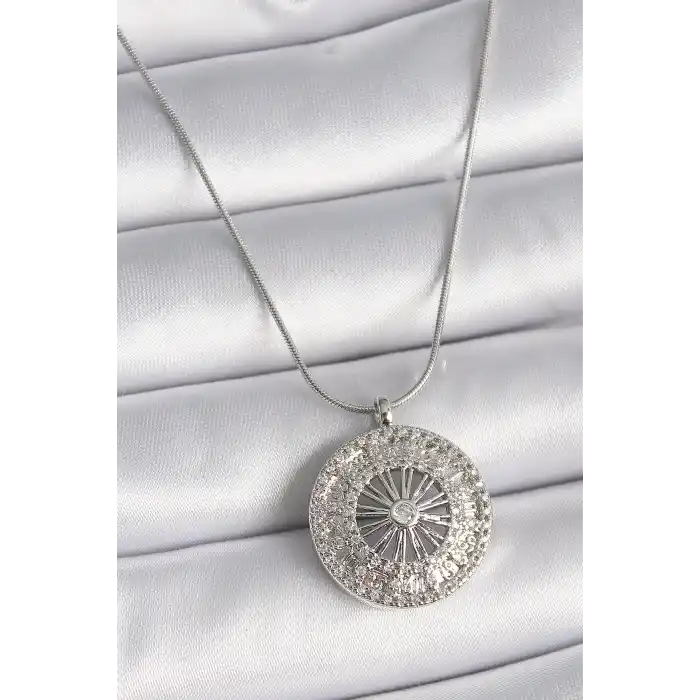 316L Çelik Gümüş Renk Zirkon Taşlı 12 Burç Madalyon Model Kadın Kolye