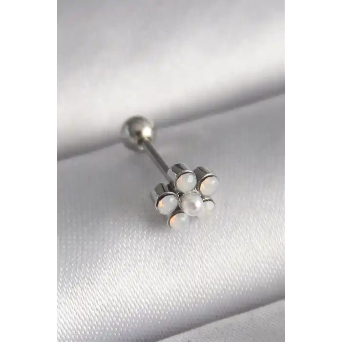 316L Çelik Gümüş Renk Zirkon Taşlı Çiçek Model Tragus Piercing
