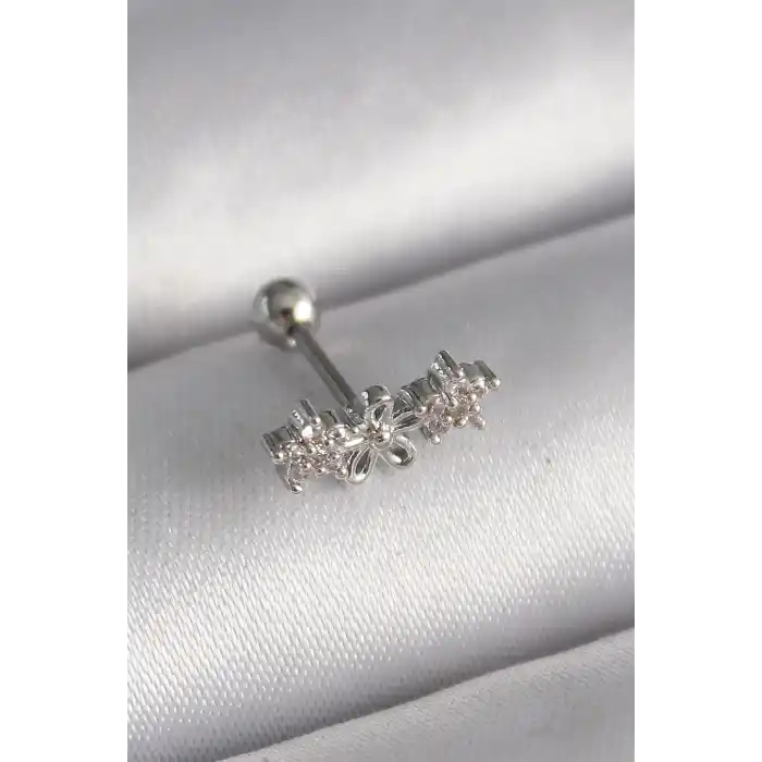 316L Çelik Gümüş Renk Zirkon Taşlı Çiçek Tragus Piercing