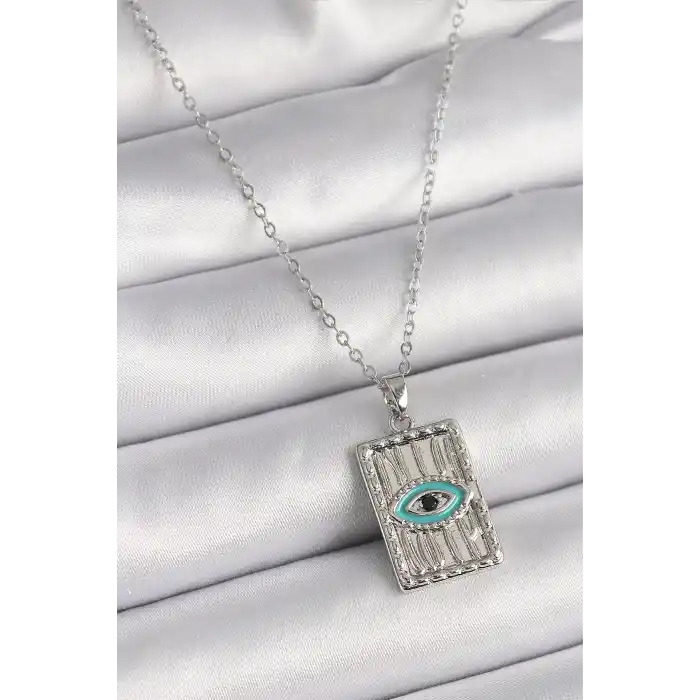 316L Çelik Gümüş Renk Zirkon Taşlı Göz İşleme Detaylı Plaka Model Kadın Kolye