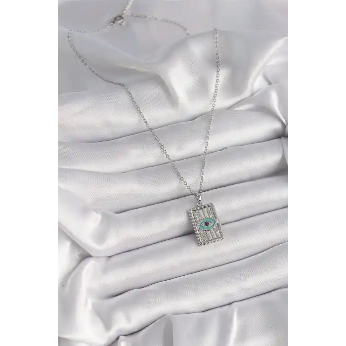 316L Çelik Gümüş Renk Zirkon Taşlı Göz İşleme Detaylı Plaka Model Kadın Kolye