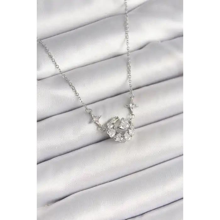 316L Çelik Gümüş Renk Zirkon Taşlı Hilal Kalp Model Kadın Kolye