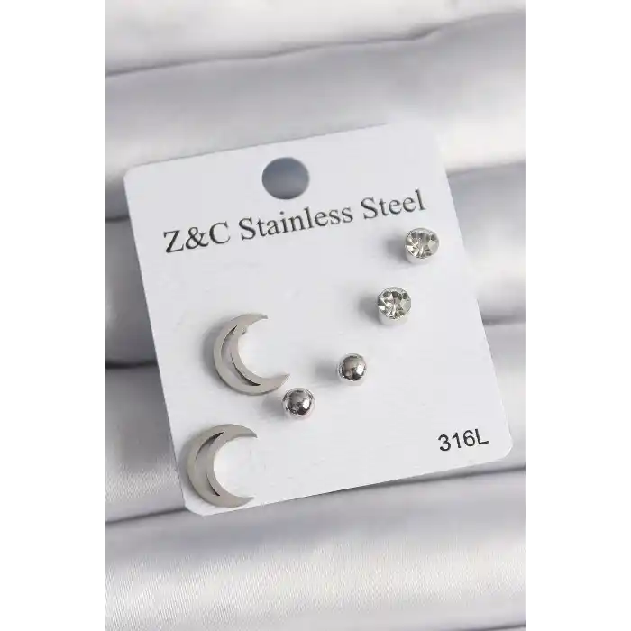 316L Çelik Gümüş Renk Zirkon Taşlı Hilal Model Kadın Küpe Seti