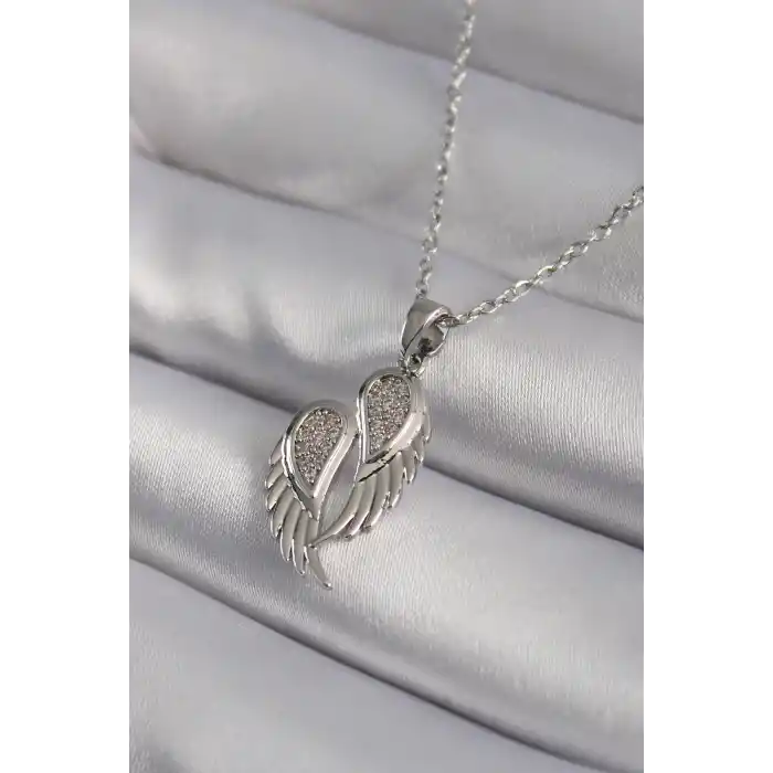 316L Çelik Gümüş Renk Zirkon Taşlı Kanat Model Kadın Kolye