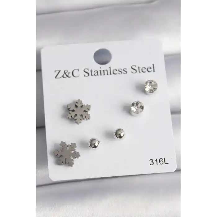 316L Çelik Gümüş Renk Zirkon Taşlı Kar Tanesi Model Kadın Küpe Seti