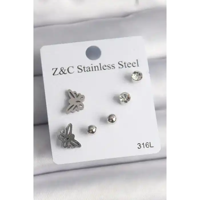 316L Çelik Gümüş Renk Zirkon Taşlı Kelebek Model Kadın Küpe Seti