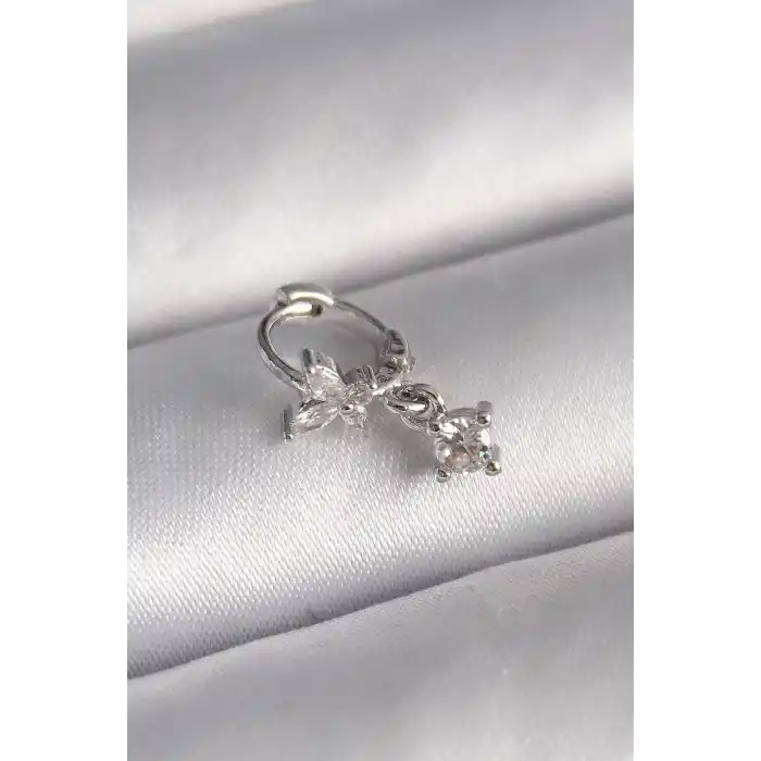 316L Çelik Gümüş Renk Zirkon Taşlı Kelebek Model Sallantı Detay Tragus Piercing
