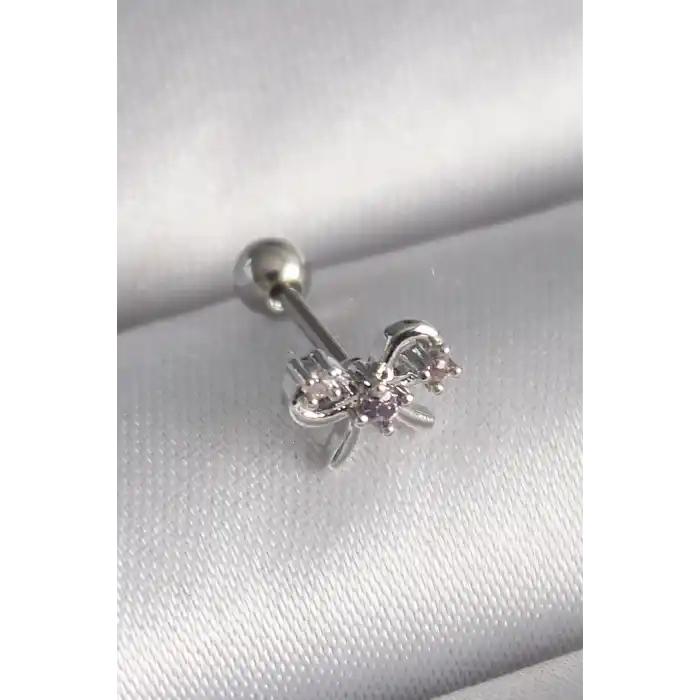 316L Çelik Gümüş Renk Zirkon Taşlı Kurdele Tragus Piercing