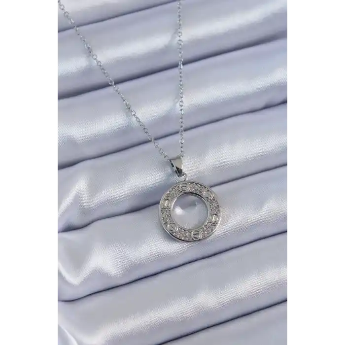 316L Çelik Gümüş Renk Zirkon Taşlı Model Kadın Kolye