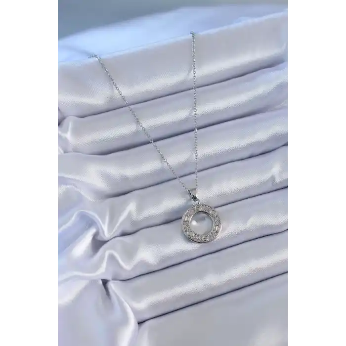 316L Çelik Gümüş Renk Zirkon Taşlı Model Kadın Kolye