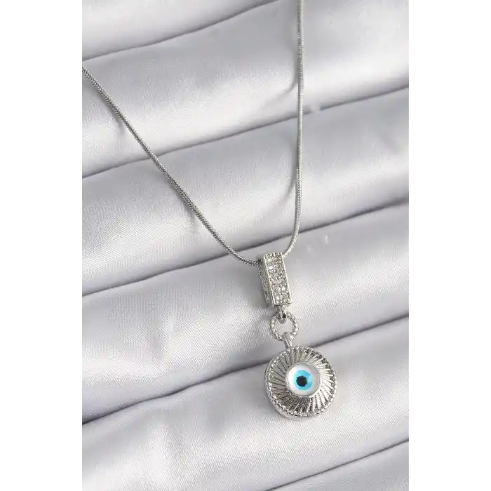 316L Çelik Gümüş Renk Zirkon Taşlı Nazar Boncuk Model Kadın Kolye