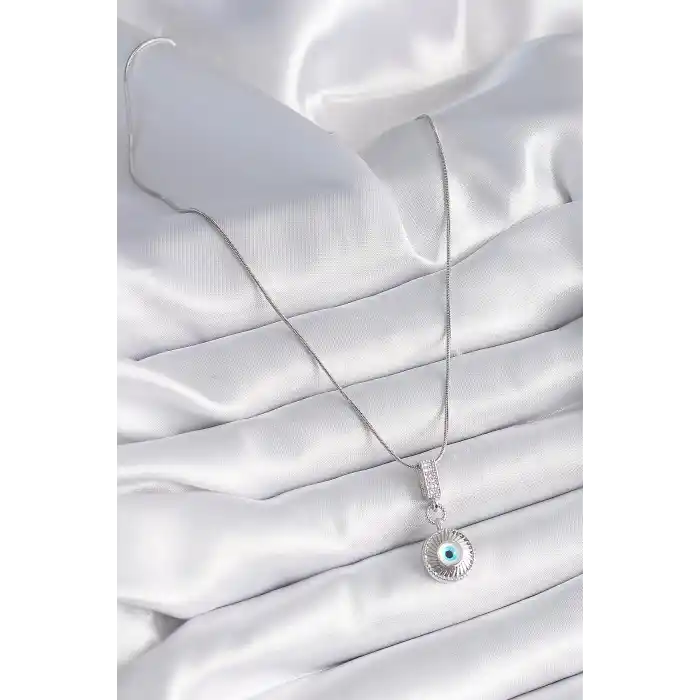 316L Çelik Gümüş Renk Zirkon Taşlı Nazar Boncuk Model Kadın Kolye