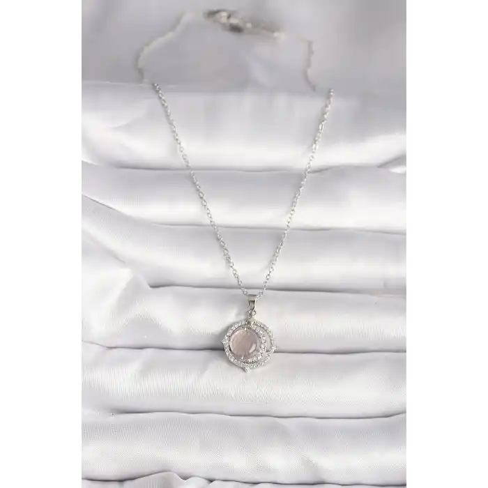 316L Çelik Gümüş Renk Zirkon Taşlı Pembe Sedefli Hilal Model Kadın Kolye