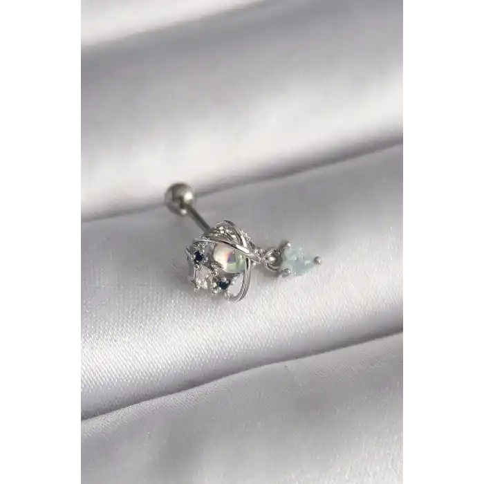 316L Çelik Gümüş Renk Zirkon Taşlı Sallantı Kalp Detay Tragus Piercing