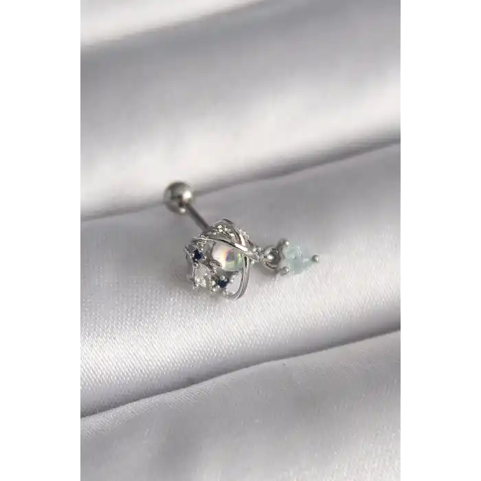 316L Çelik Gümüş Renk Zirkon Taşlı Sallantı Kalp Detay Tragus Piercing