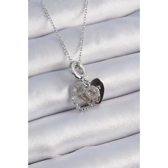 316L Çelik Gümüş Renk Zirkon Taşlı Sonsuzluk Kalp Figür Charm Model Kadın Kolye