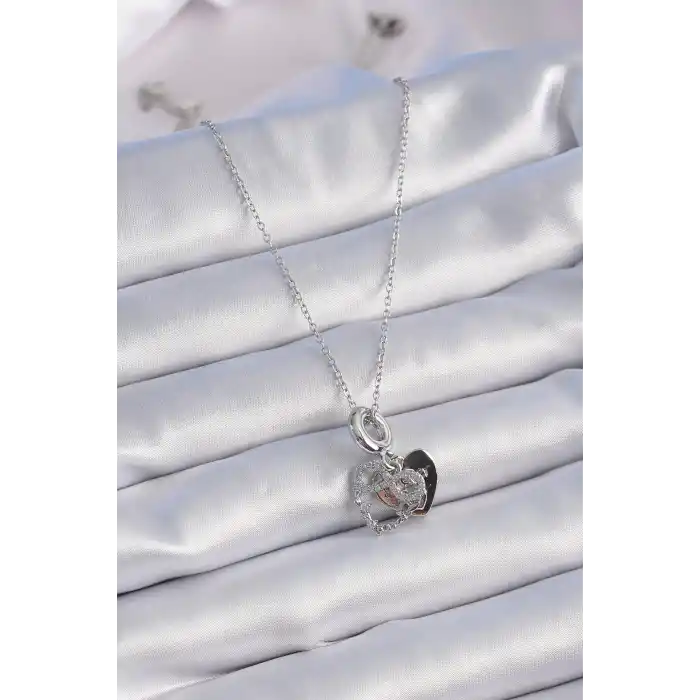 316L Çelik Gümüş Renk Zirkon Taşlı Sonsuzluk Kalp Figür Charm Model Kadın Kolye