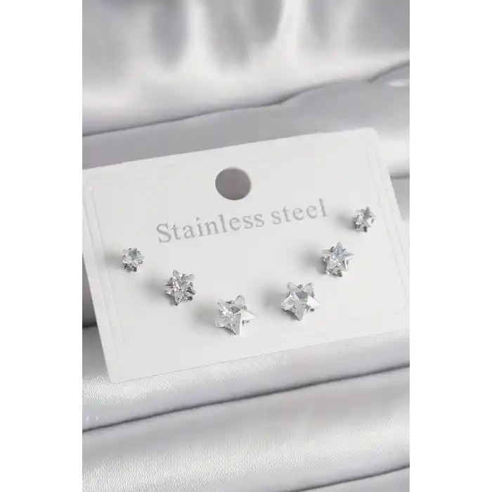 316L Çelik Gümüş Renk Zirkon Taşlı Yıldız Model Kadın Küpe Seti