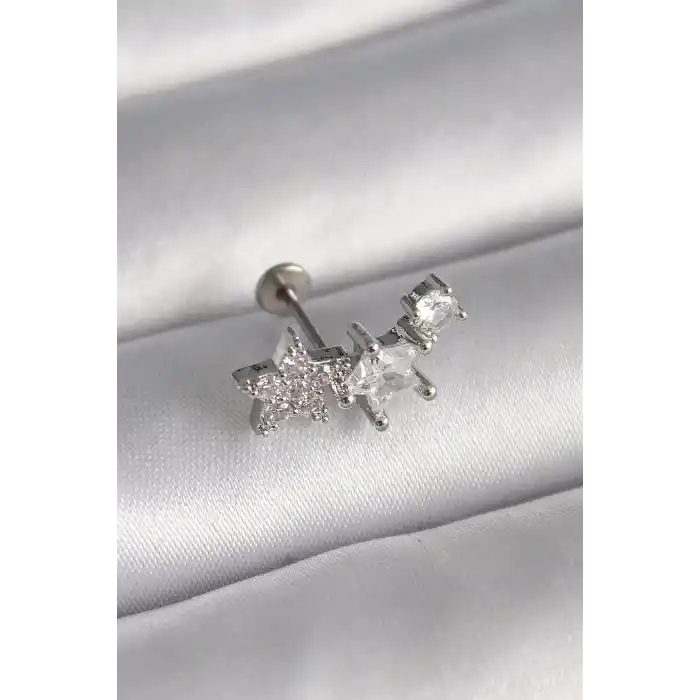 316L Çelik Gümüş Renk Zirkon Taşlı Yıldız Model Tragus Piercing