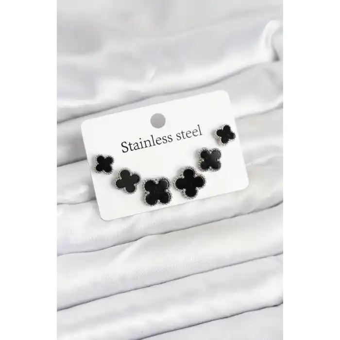 316L Çelik Gümüş Siyah Renk 3 Boy Yonca Küpe Seti