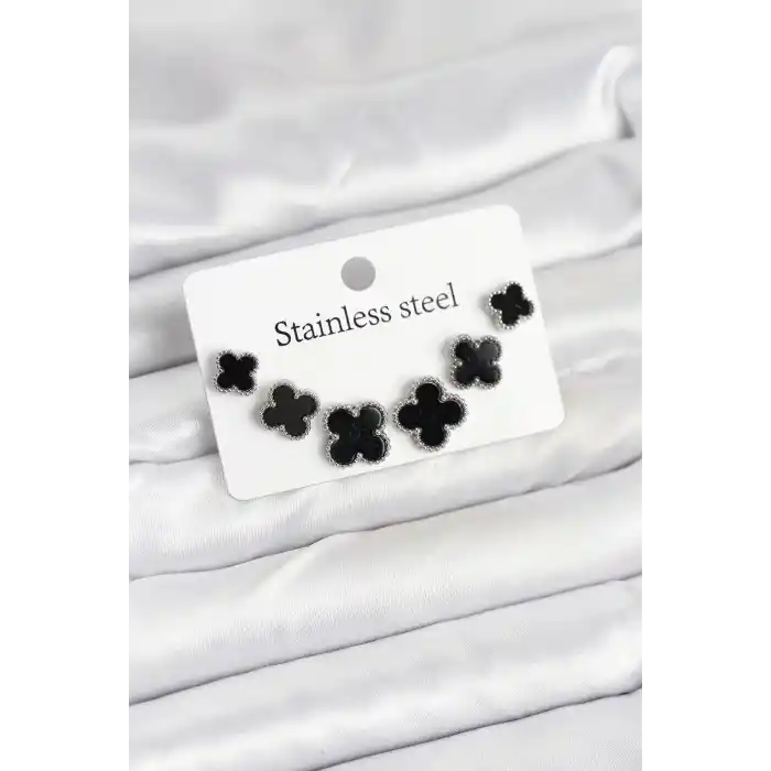 316L Çelik Gümüş Siyah Renk 3 Boy Yonca Küpe Seti