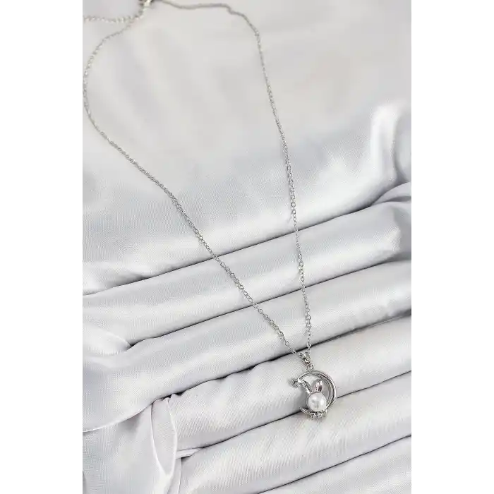 316L Çelik İnci Detaylı Hilal Tavşan Model Gümüş Renk Kadın Kolye