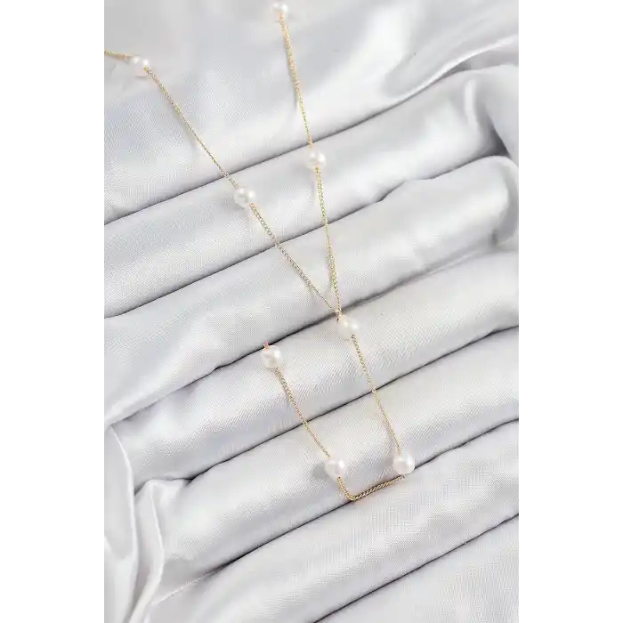 316L Çelik İnci Figürlü Y Model Gold Renk Kadın Kolye