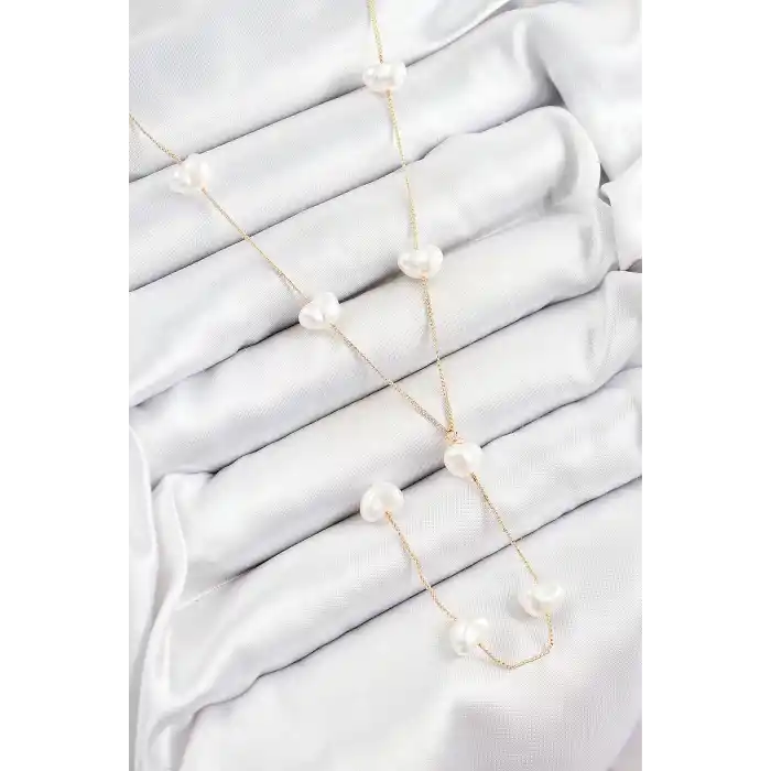 316L Çelik İncili Kalp Figürlü Y Model Gold Renk Kadın Kolye