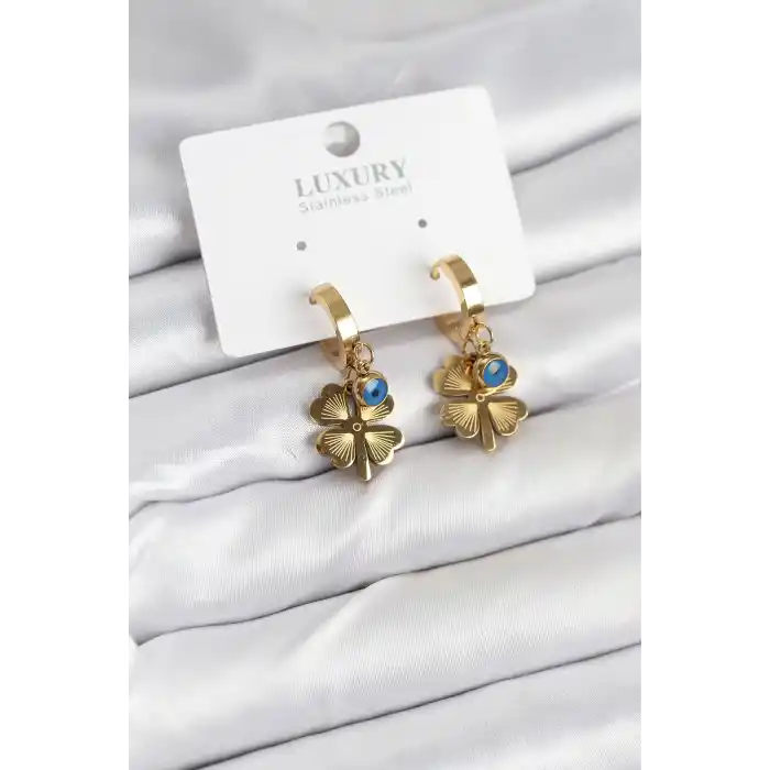 316L Çelik Nazarlı Yonca Model Kadın Küpe