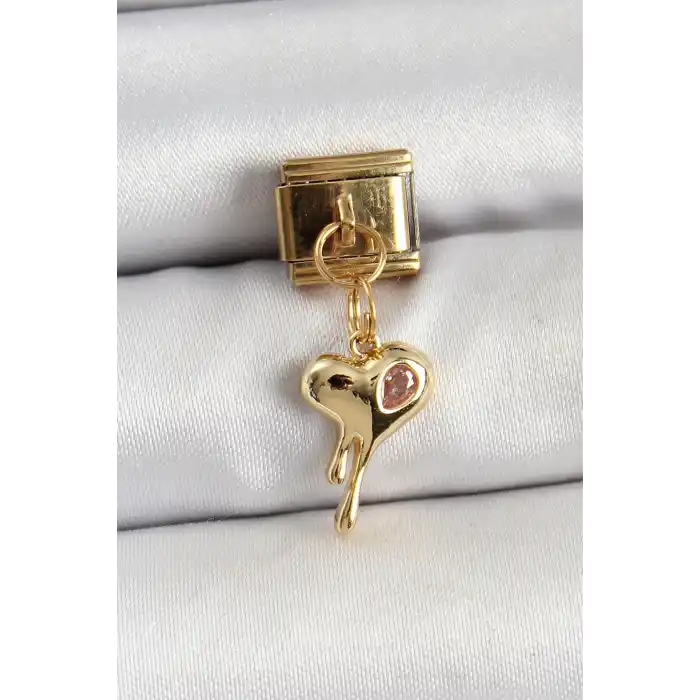 316L Çelik Sallantılı Zirkon Taşlı Eriyen Kalp Model Gold Renk Nomination Charm