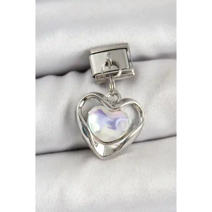 316L Çelik Sallantılı Zirkon Taşlı Kalp Model Gümüş Renk Nomination Charm