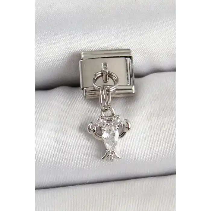 316L Çelik Sallantılı Zirkon Taşlı Yengeç Model Gümüş Renk Nomination Charm