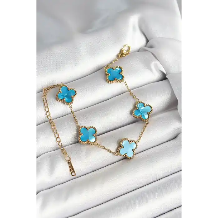 316L Çelik Sedefli Gökyüzü Mavisi Gold Renk Yonca Kadın Bileklik