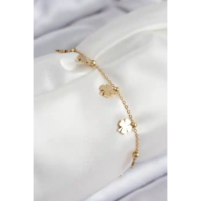 316L Çelik Sıralı Yonca Model Gold Renk Kadın Bileklik