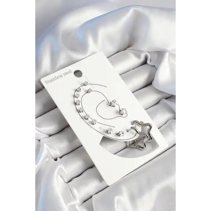 316L Çelik Yıldız Figürlü Ve Zirkon Taşlı Gümüş Renk 7li Çift Kadın Küpe Set