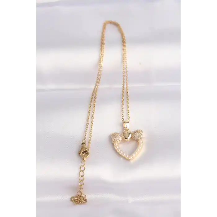316L Çelik Zincir Altın Renk İnci Taş Detay Zirkon Taşlı Kalp Kolye