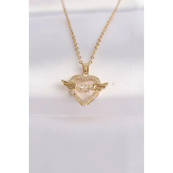 316L Çelik Zincir Altın Renk Zirkon Taşlı Kanatlı Kalp Kolye